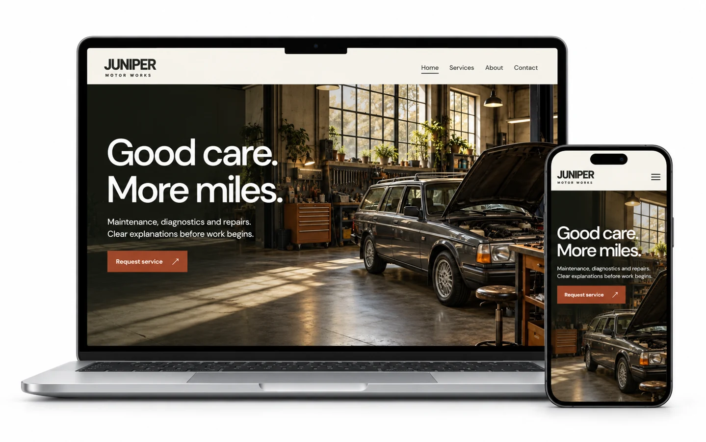 Juniper Motor Works design concept shown on desktop and mobile