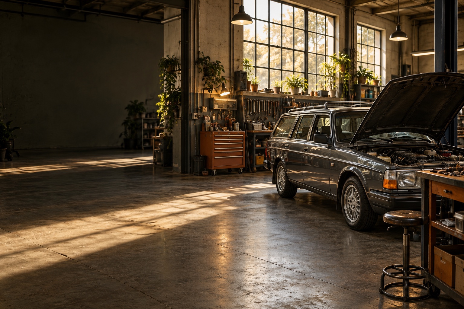 Illustrated concept of a sunlit workshop with a graphite station wagon