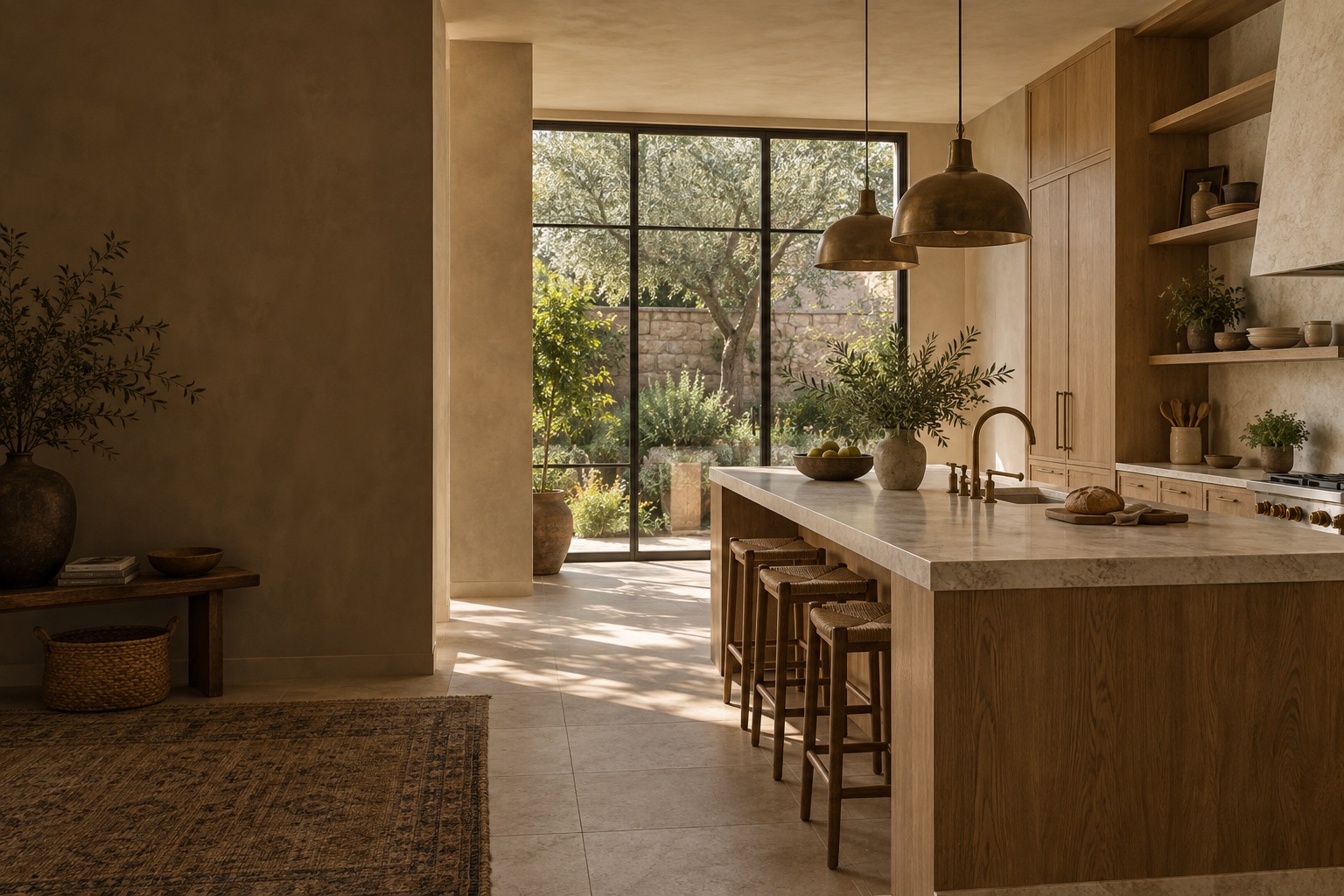 Crafted oak and limestone kitchen with warm daylight and garden views