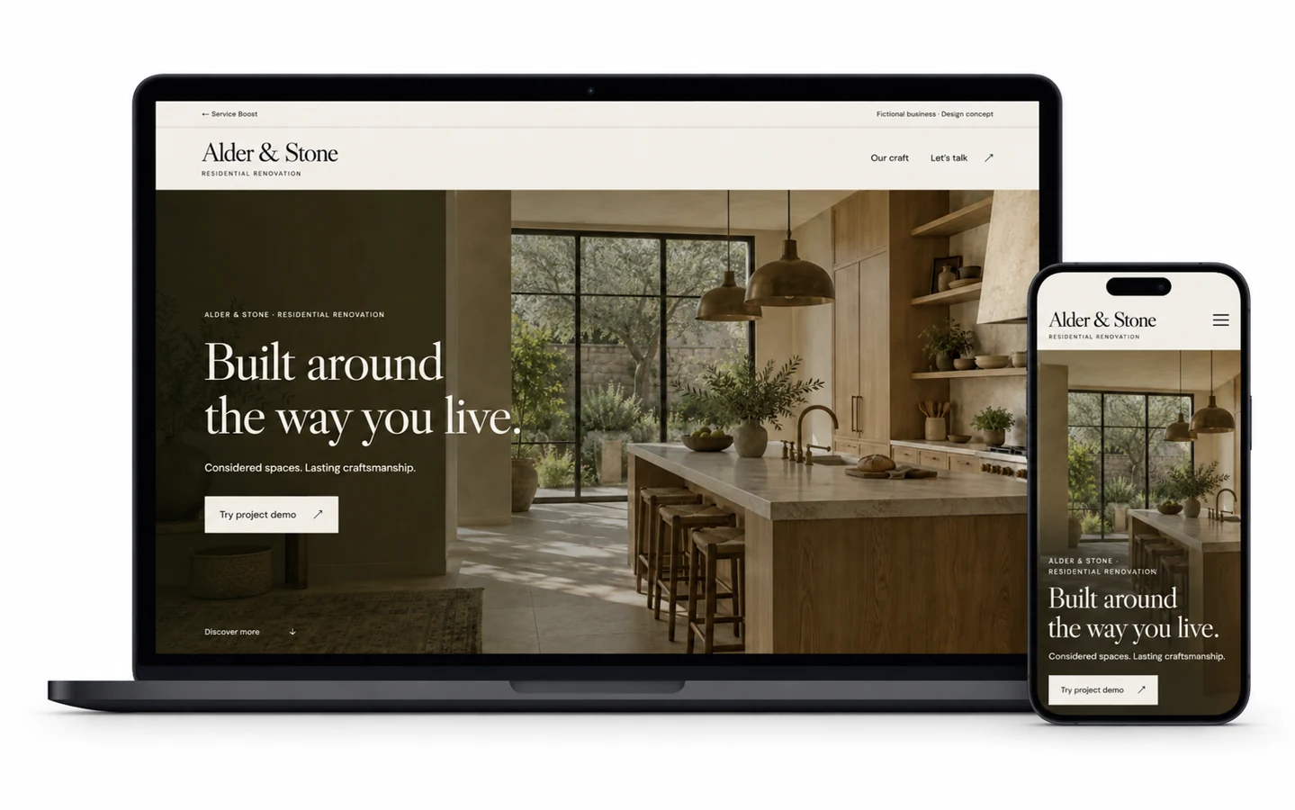 Alder & Stone contractor design concept shown on desktop and mobile