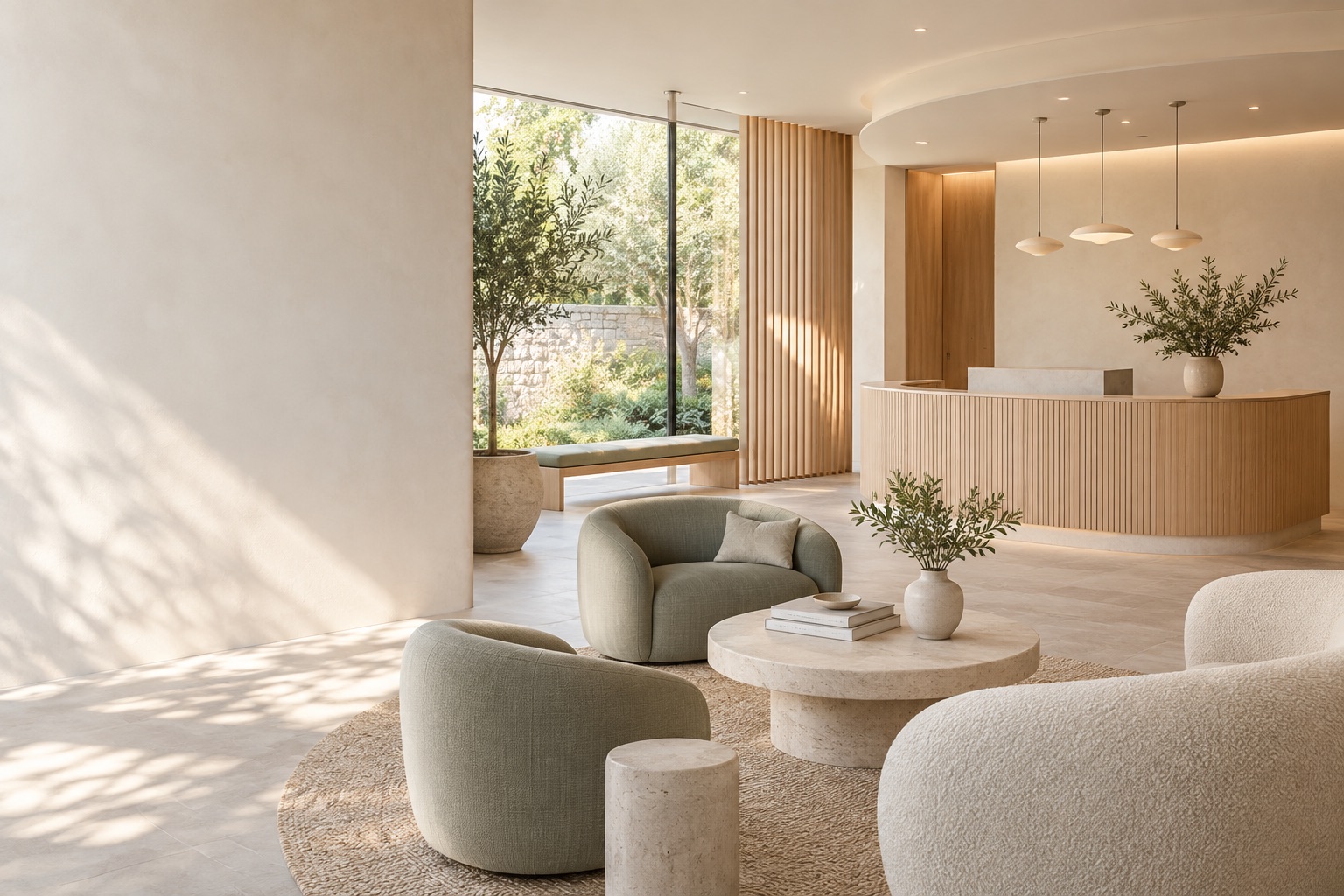 Calm dental studio reception with pale oak, soft seating and garden light