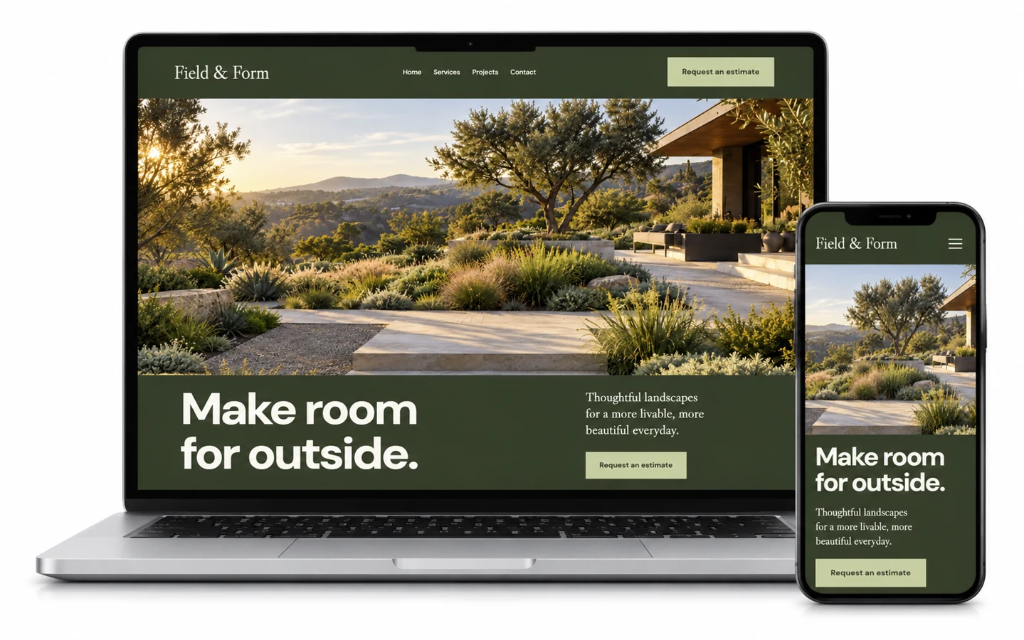Field & Form landscape design concept shown on desktop and mobile