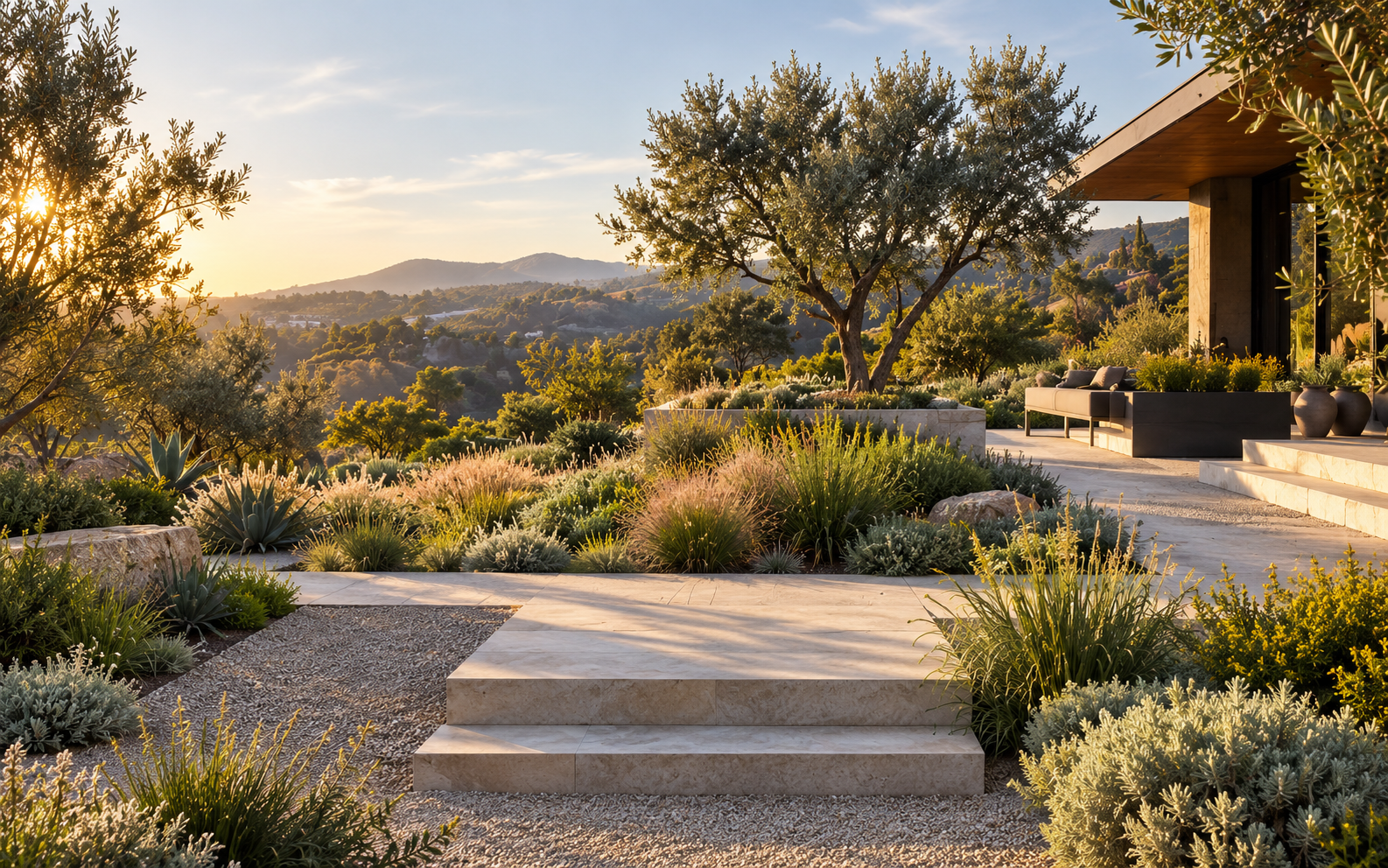 California garden with native planting, olive trees and stone terraces