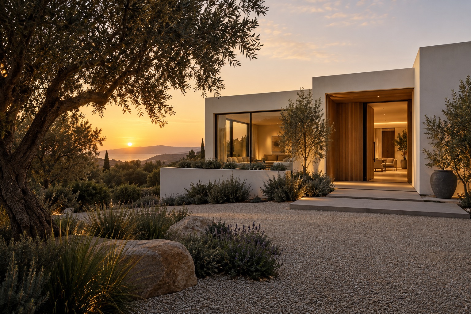 Contemporary hillside home with olive trees and warm evening light