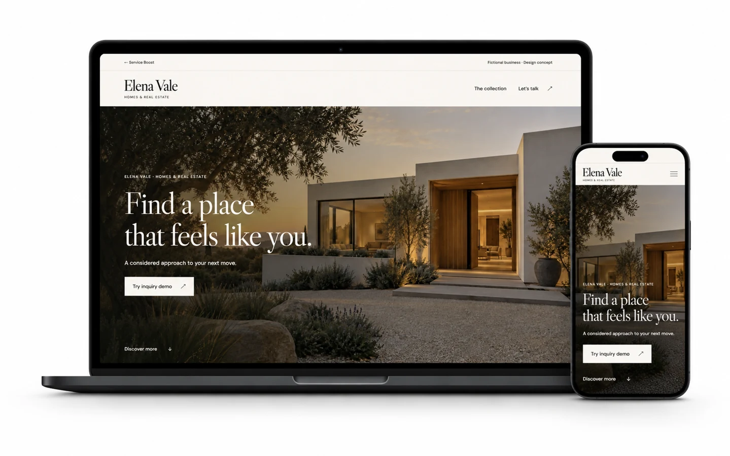 Elena Vale real estate design concept shown on desktop and mobile