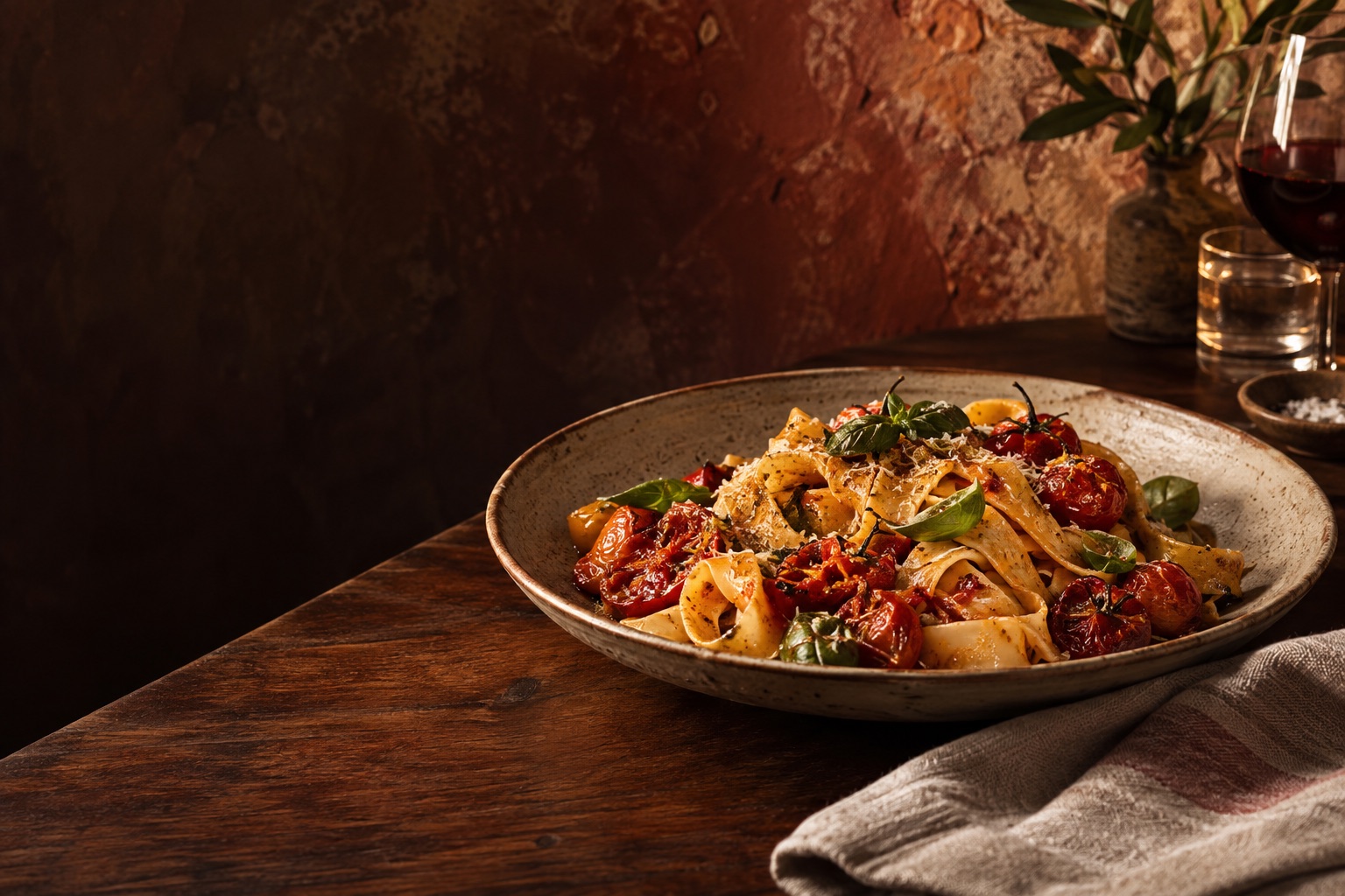 Handmade pasta on a ceramic plate in a warmly lit Italian dining room