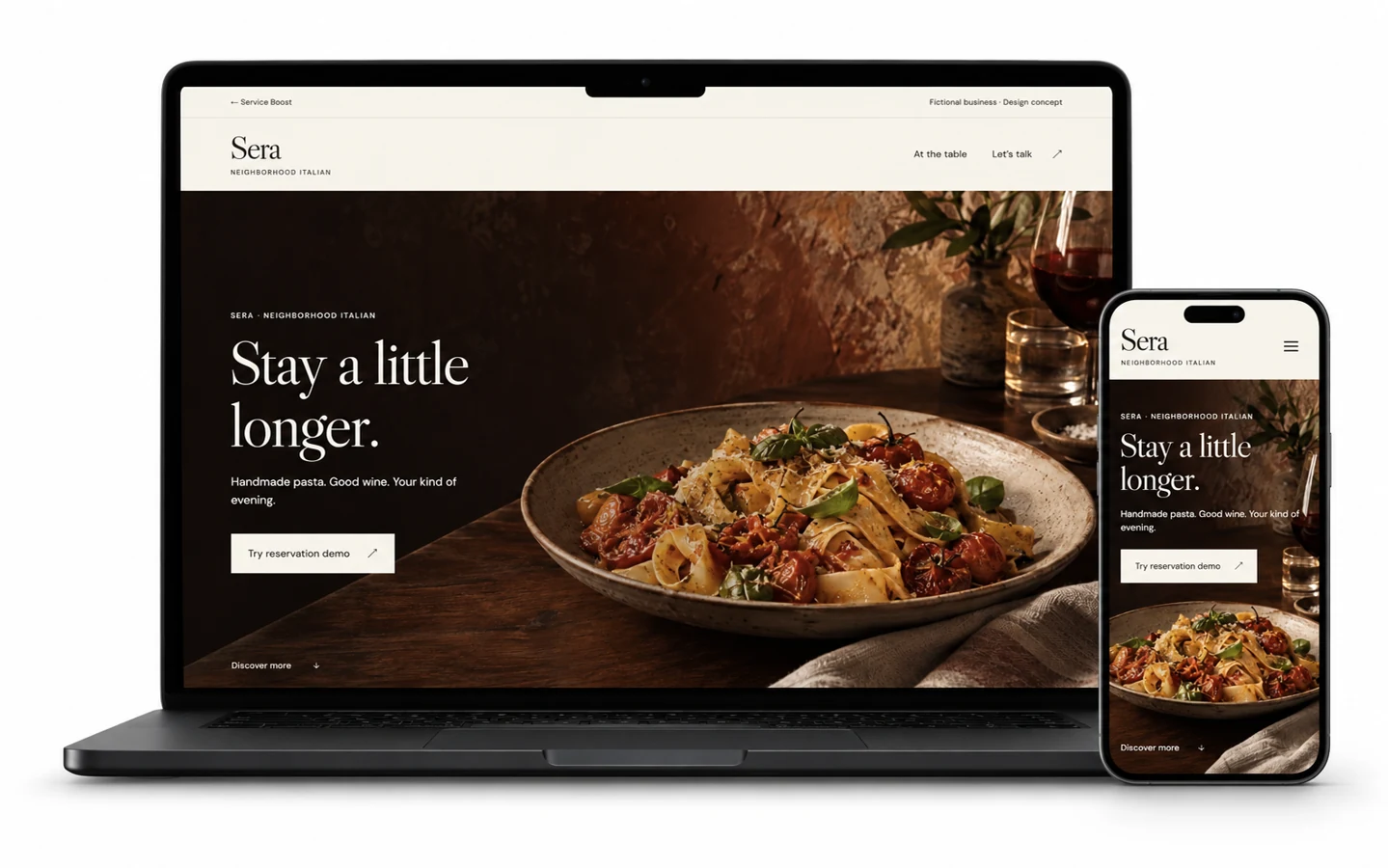 Sera restaurant design concept shown on desktop and mobile