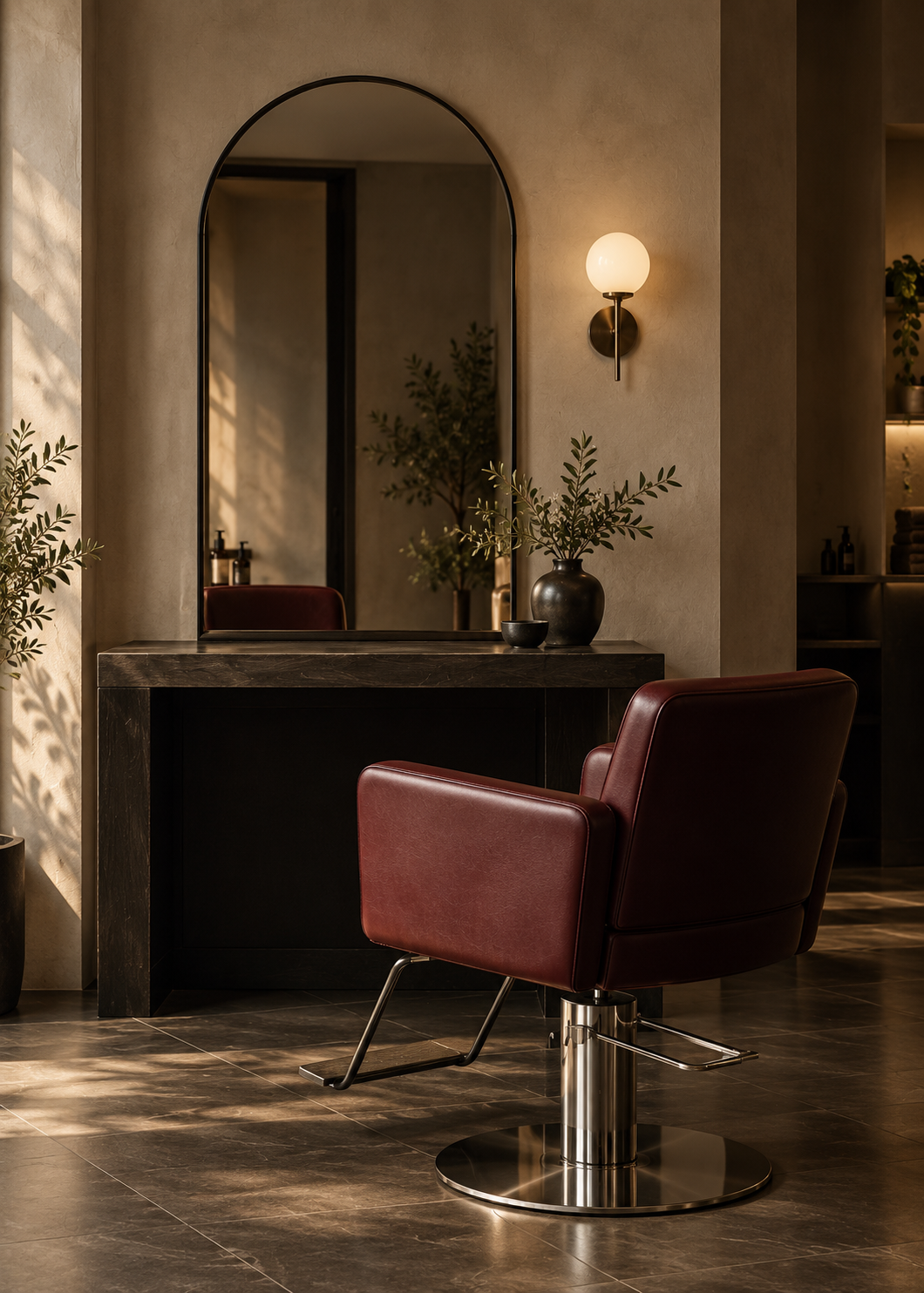 Warm salon interior with an arched mirror and burgundy chair