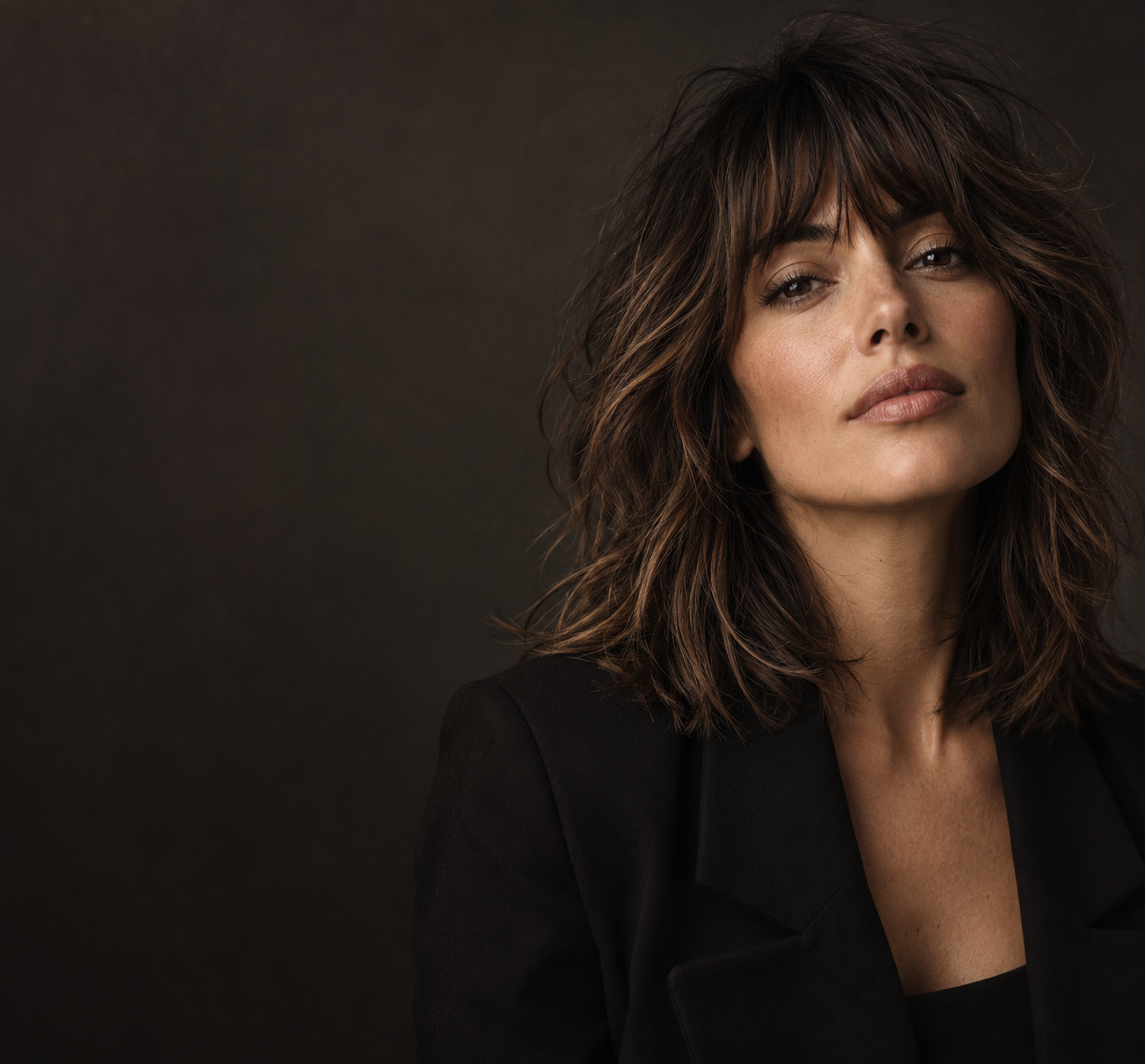 Editorial portrait of a layered brunette haircut