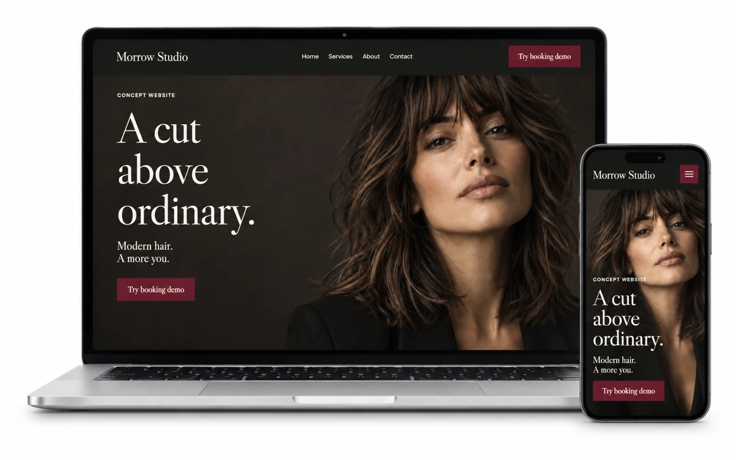 Morrow Studio hair studio design concept shown on desktop and mobile