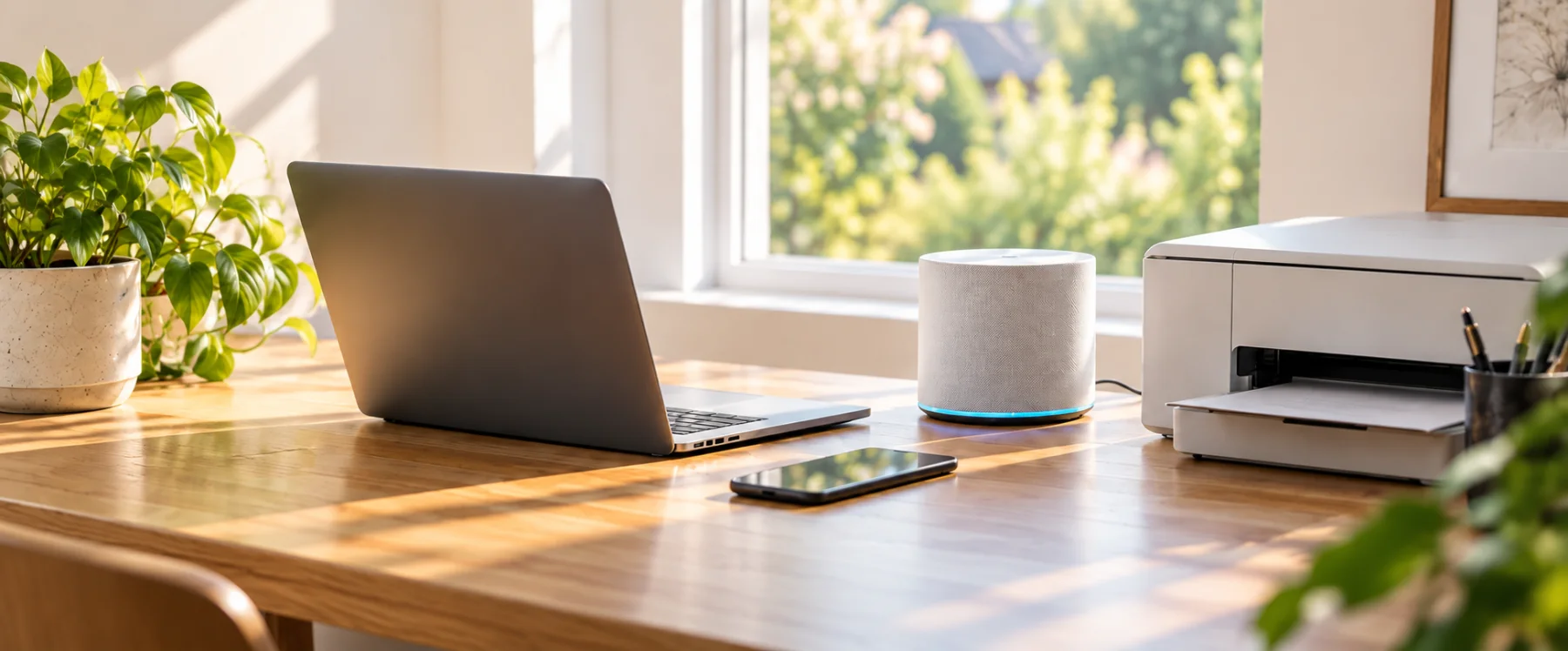 A sunlit workspace with a laptop, phone, smart speaker and printer